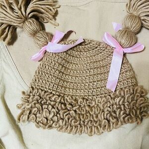 Handmade Tan Knit Hat with Pink Accents